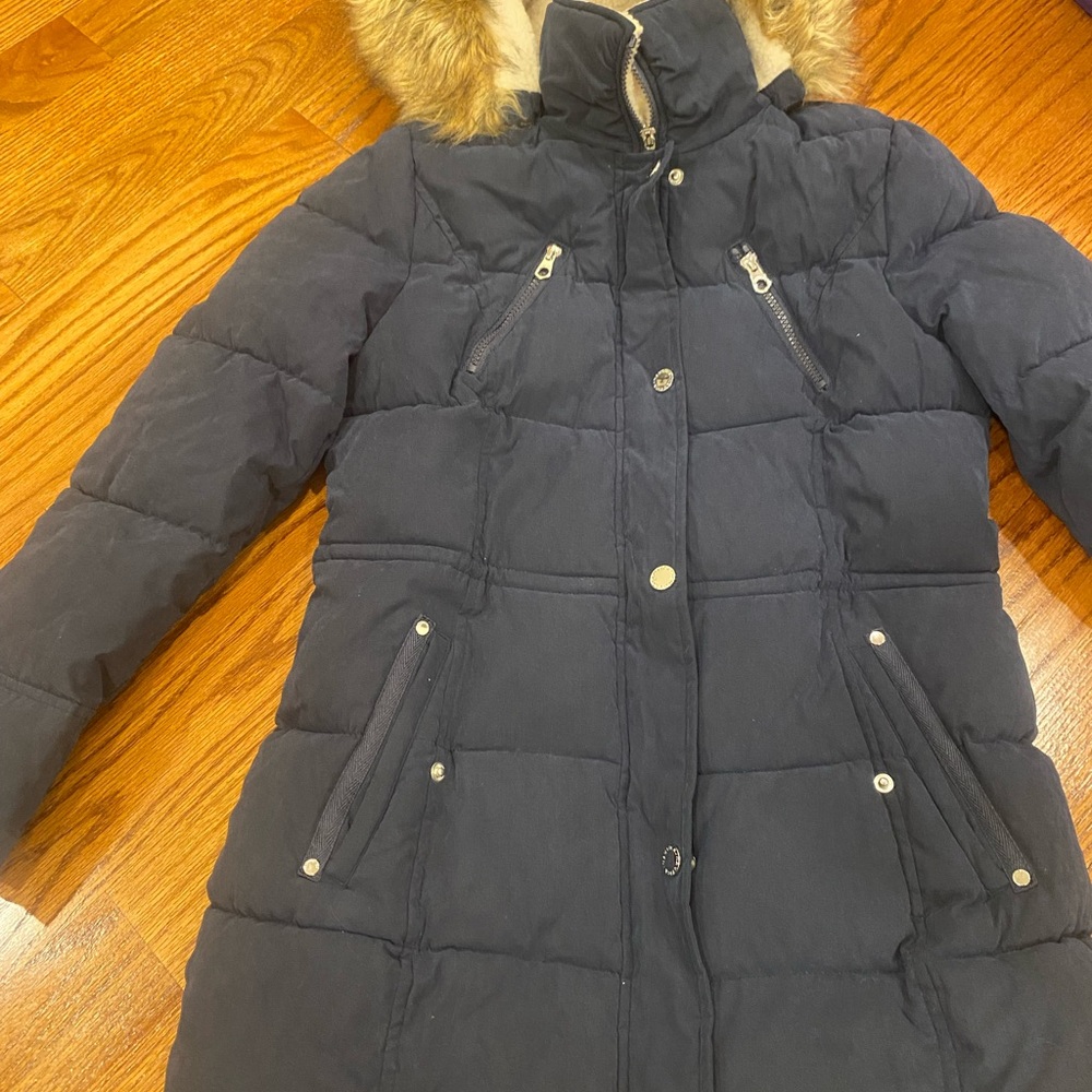 Nautica Women’s Black Quilted Puffer Coat with Faux-Fur Trim Hood